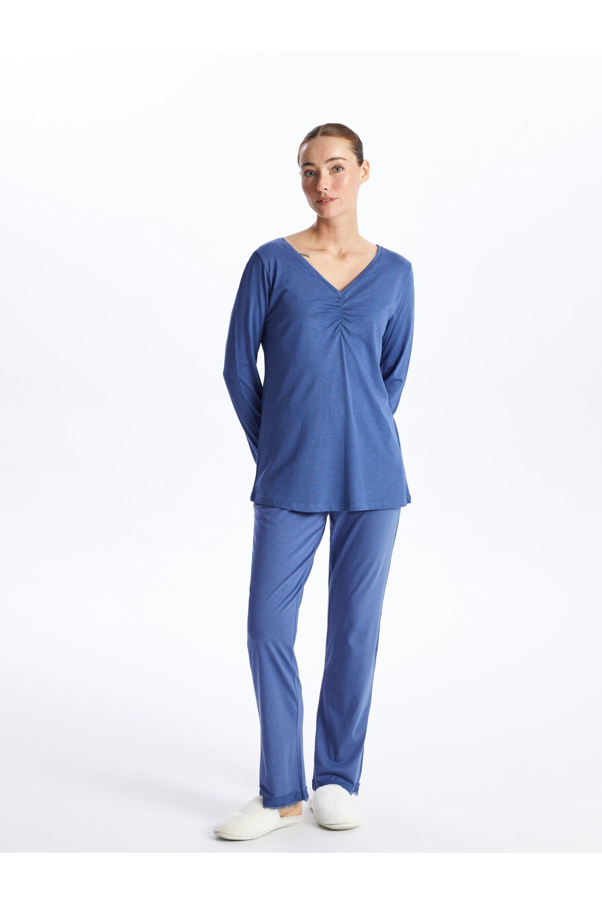LC Waikiki-Top de pijama pentru femei, uni, cu decolteu în V, cu mânecă lungă 3