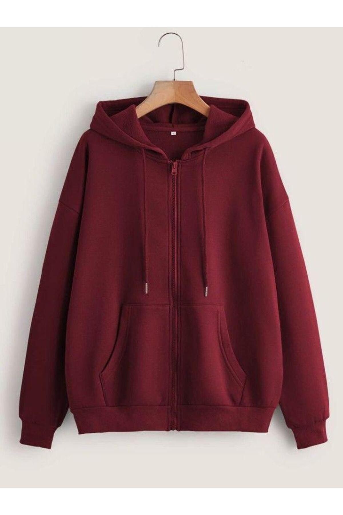 Unisex Bordo Örme Kumaş Fermuarlı Kapşonlu Sweat Hırka — زرشکی NSOKFKSH — تصویر 1 از 1