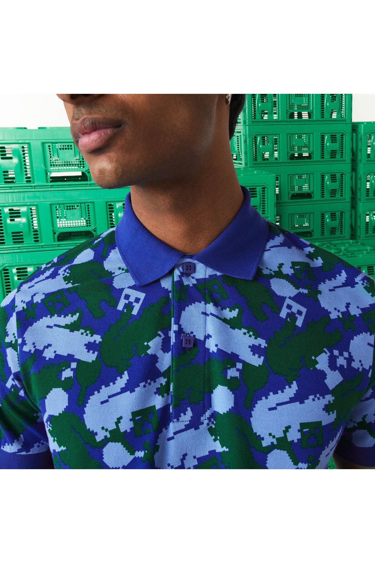 Lacoste X Minecraft یونیسکس کلاسیک Fit Pattern Blue Polo