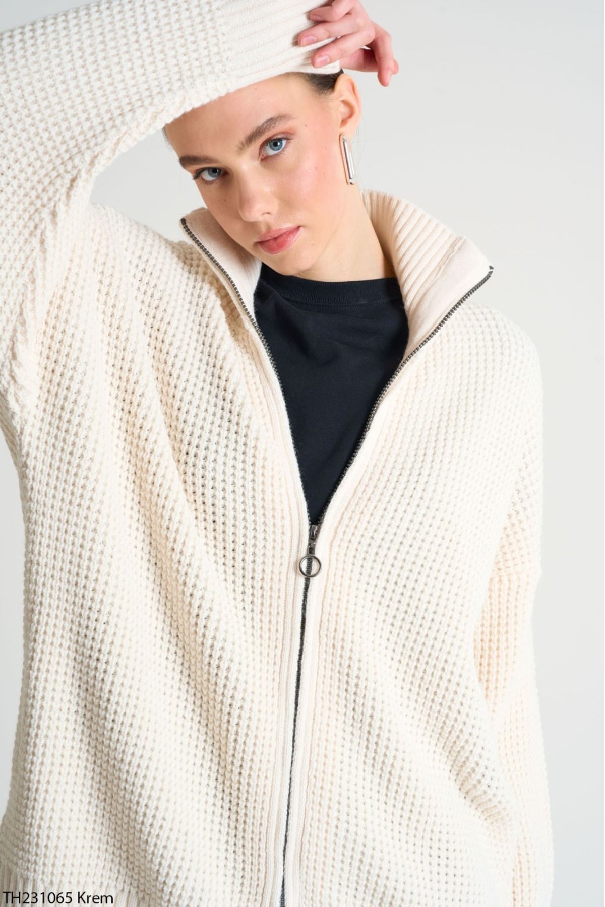 Lupies-Cardigan lung tricotat supradimensionat, cu guler crem, cu fermoar 4