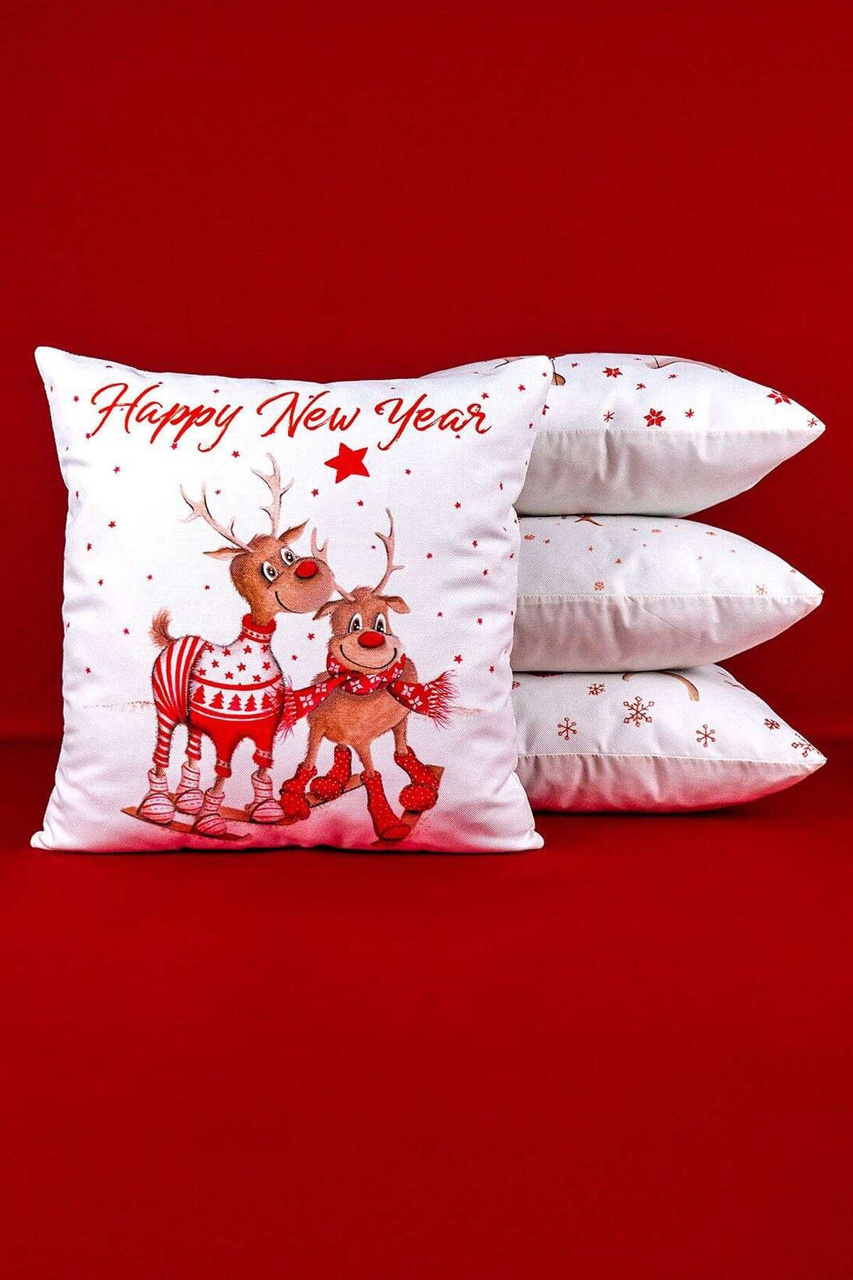 Cango Home-Red New Year Deer Patterned Set of 4 Digital Printed Throw Pillow Cases St-4Kmbs322 2