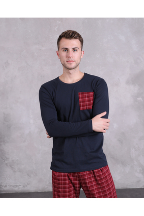 Genel Markalar Bayram Erkek Pijama Takımı Ekose Baskılı,Uzun Kollu,Cepli, Mev...