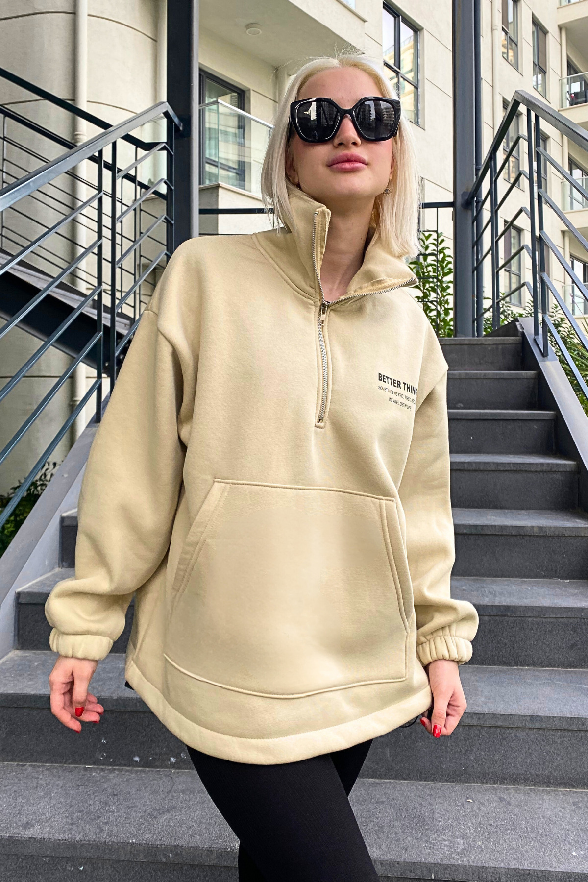  Madmext Bej Dik Yaka Fermuarl? Kad?n Sweatshirt