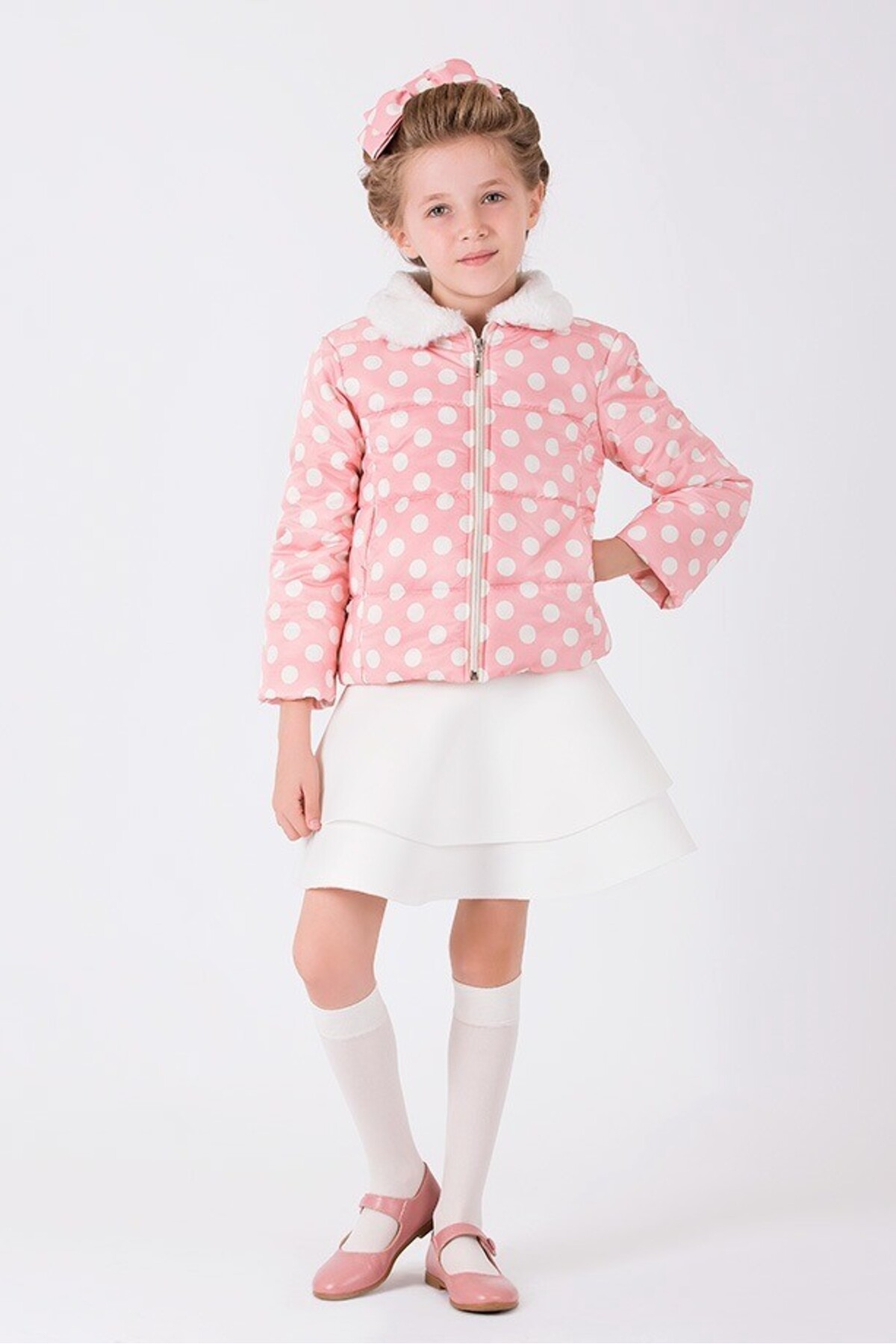 گوس پالتو دخترانه لحاف دوزی صورتی با یقه خز مصنوعی