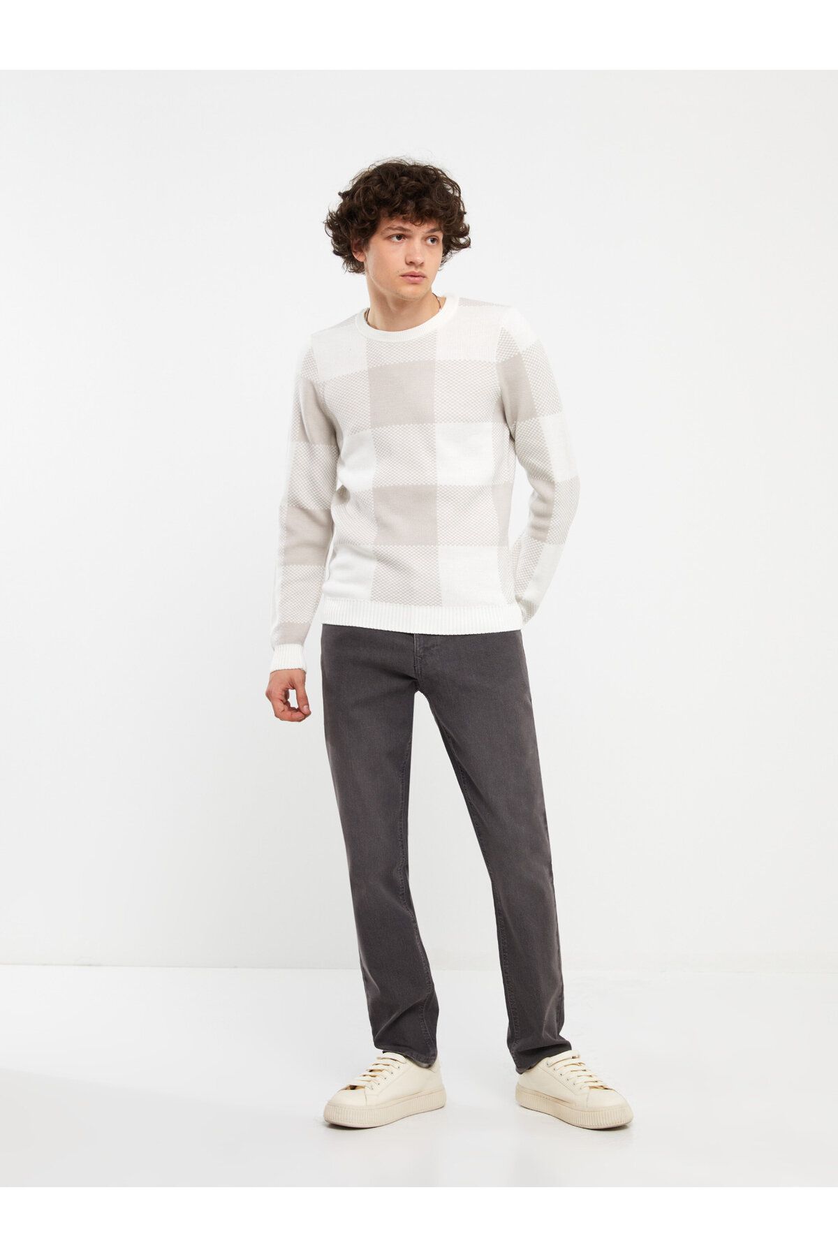 LC Waikiki-Herren-Strickpullover mit Karomuster, Rundhalsausschnitt und langen Ärmeln 3