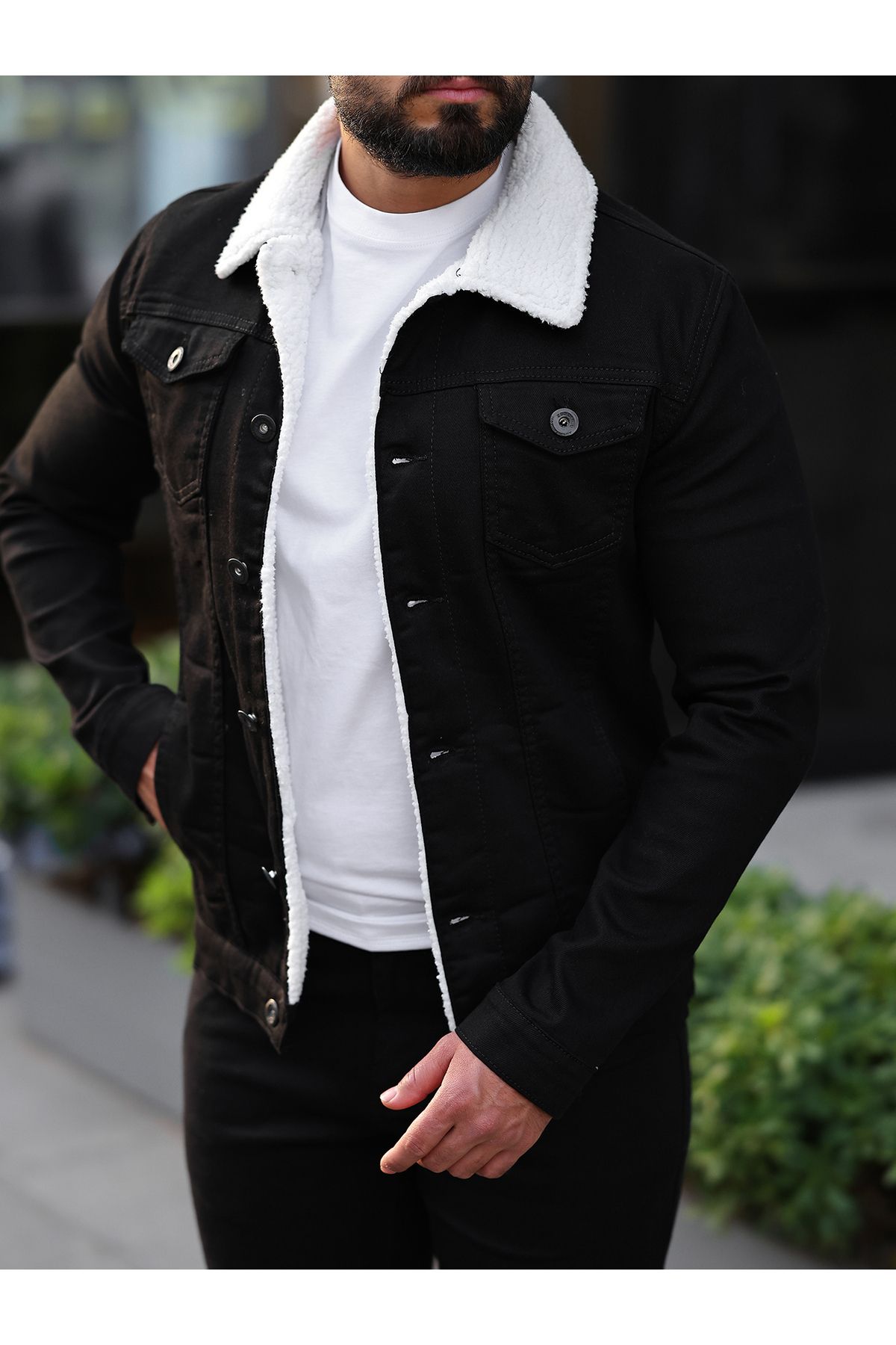 Denim jacket black fur collar 2025