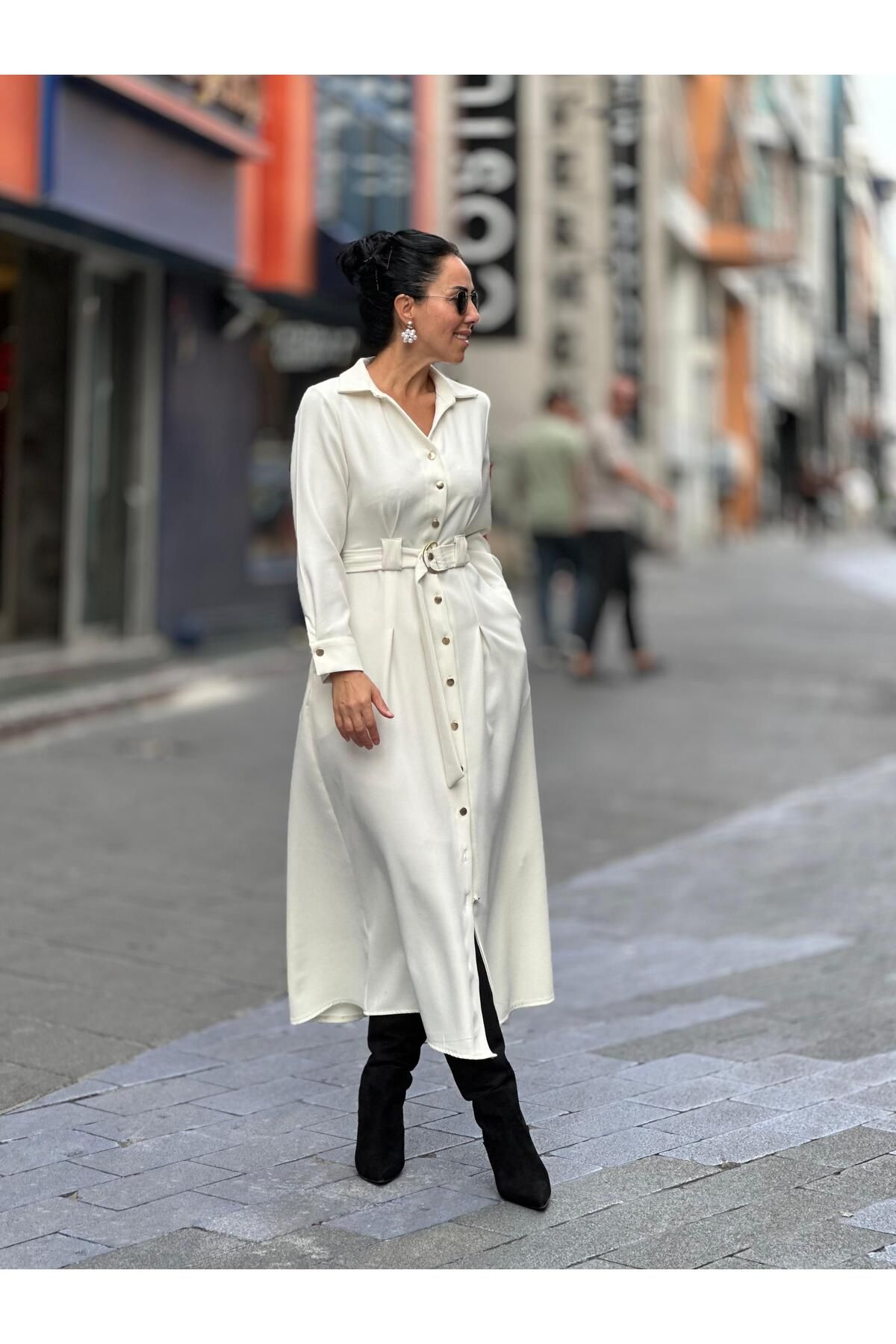 CABA-Fitted at the Waist, Full Pattern, Sash, Belt, Ecru Dress with Pockets 2