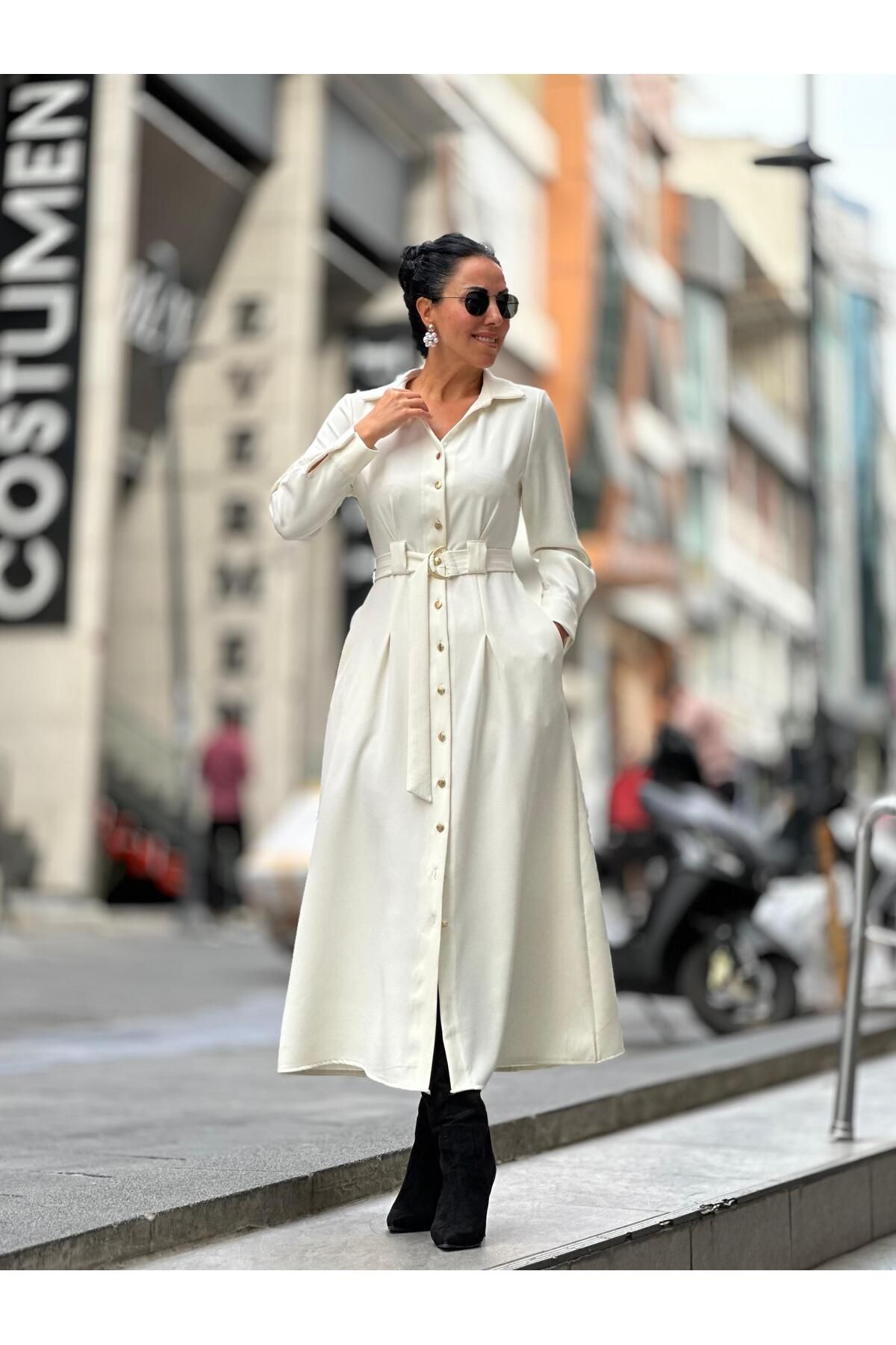 CABA-Fitted at the Waist, Full Pattern, Sash, Belt, Ecru Dress with Pockets 1