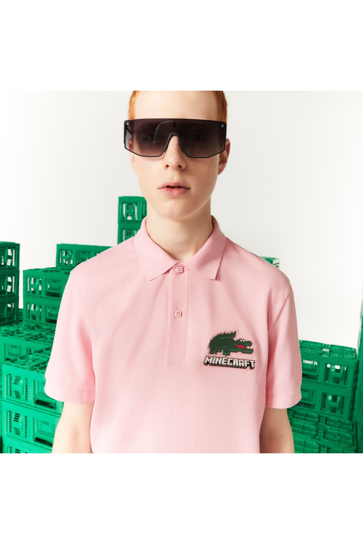 Lacoste X Minecraft یونیسکس کلاسیک Fit Printed Pink Polo