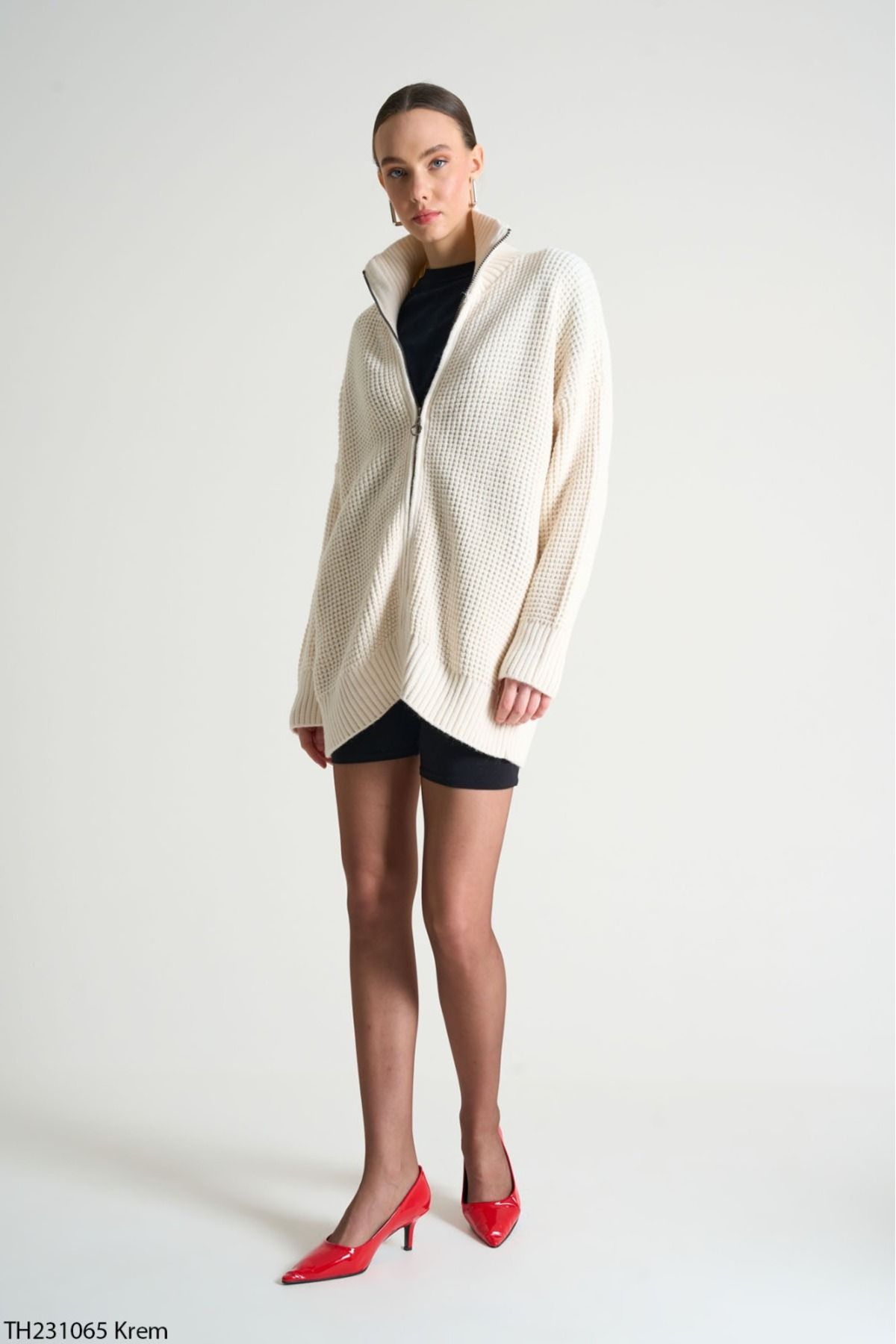 Lupies-Cardigan lung tricotat supradimensionat, cu guler crem, cu fermoar 6