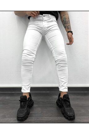 Erkek Beyaz Slim Fit Kesim Kot Pantolon UKD1331