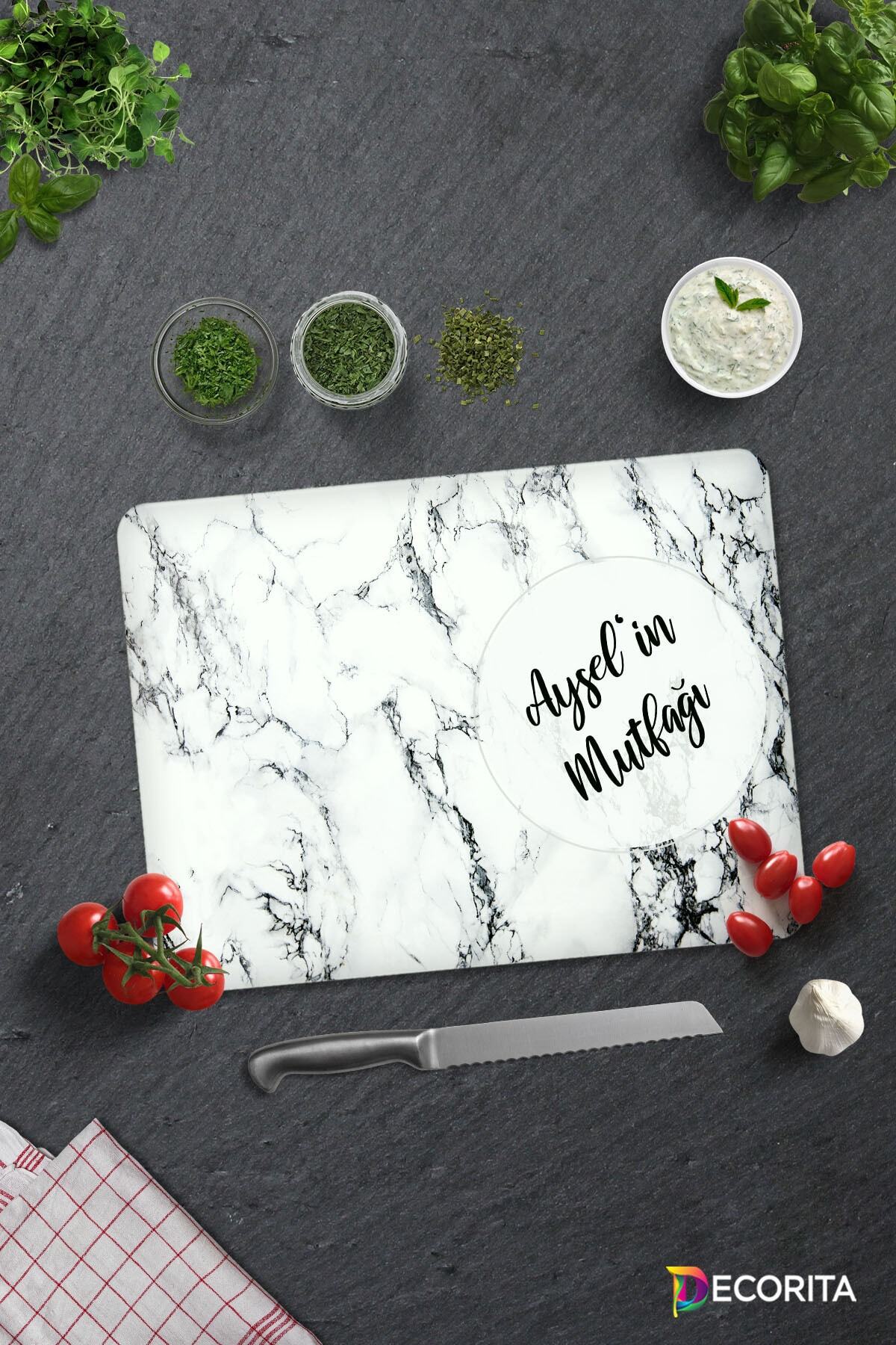 Decorita Cam Kesme Tahtası Cam Kesim Tablası Beyaz Mermer Görünümlü 30cm x 40cm