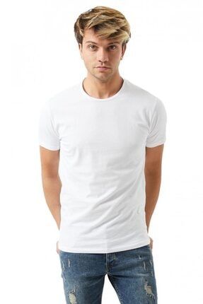 Erkek Beyaz Basıc Slim Fit Pamuklu Kısa Kollu Bisiklet Yaka T-shirt ESFBSCT1