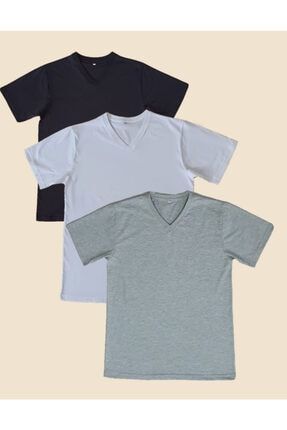 Erkek Siyah-beyaz-gri Slim Fit Dar Kesim V Yaka 3'lü Tshirt Paketi BAYV3LÜ