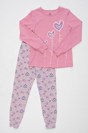 Kız Çocuk Kalp Baskılı Pijama Takımı 9298 Pembe 9298-248