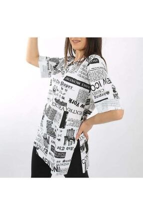 Kadın Beyaz Gazete Baskılı Yırtmaçlı V Yaka T-shirt SRR114BEYAZS
