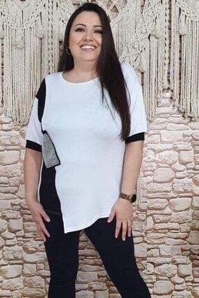 Kadın Beyaz Dirsek Kol Büyük Beden Viskon Tunik Bluz 000106as