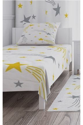 Yatak Örtüsü Beyaz Zemin Gri Ve Sarı Yıldızlar 140x220 -+ Yastık Kılıfı Hediye CYÖ-314
