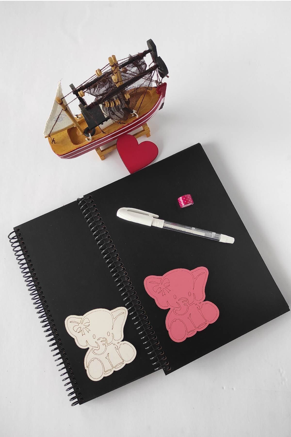 Tasarım Siyah Defter-White Elephant Patterned Wooden Cover Notebook with Black Leaves Memory Notebook Gift Notebook Mother Baby Notebook 4