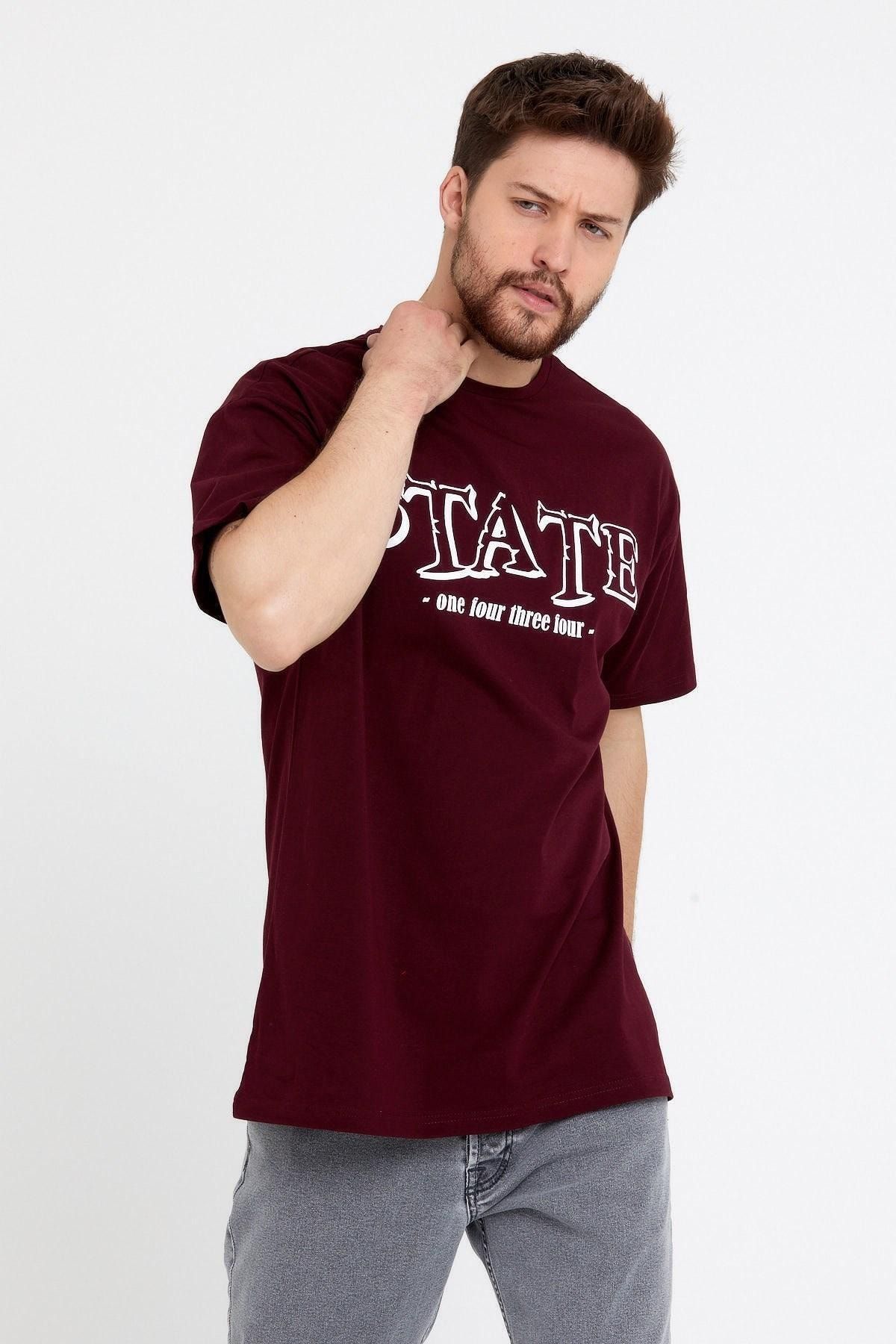 Erkek Bordo Oversize Baskılı T-shirt