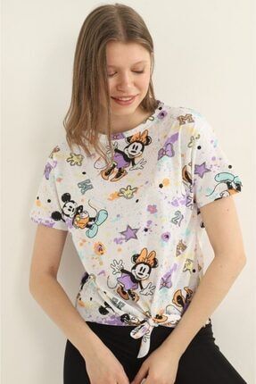 Kadın Mor Minnie Mouse Baskılı T-shirt Sny1544