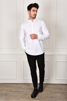 Erkek Beyaz Düz Pamuk Saten Slim Fit Gömlek COT136017
