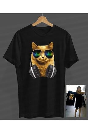 Unisex Erkek-kadın Kedi Coll Tasarım Siyah Yuvarlak Yaka T-shirt S23358048300SİYAHNVM