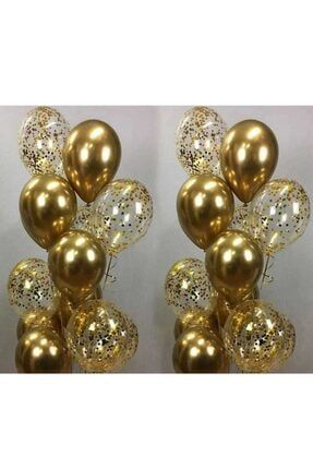 12 Krom Gold 12 Gold Konfetili Şeffaf Balon Set DNZ 2309