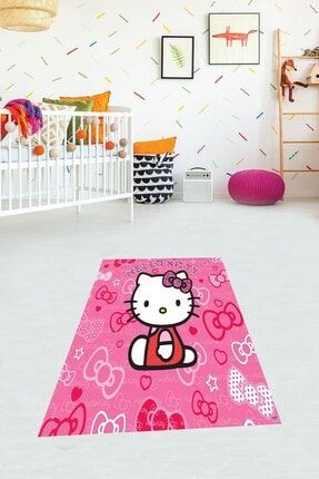Pembe Hello Kitty Kedi Desen Dijital Baskı Yıkanabilir Kaymaz Taban Çocuk Odası Halısı MEGC104