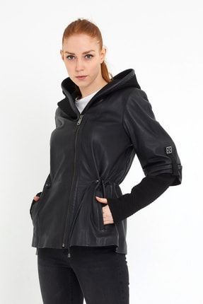 Leather - Kapüşon Ve Kollar Triko Detaylı Kadın Deri Ceket Z507KS