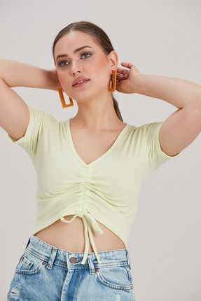 Kadın Sarı İp Detaylı Crop Bluz YL-BL99595