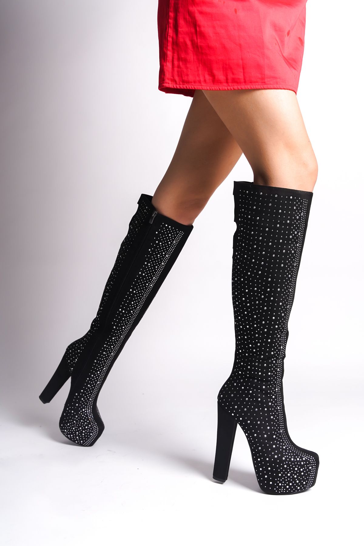 Ayakkab Ate i Catty Black Suede Special Design Shiny Stone High