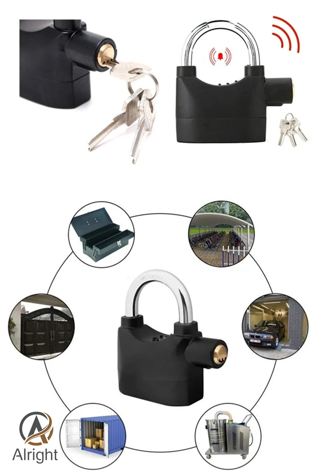 Genel Markalar Su Geçirmez Alarmlı 110 Desibel Asma Kilit Siyah Yedek Anahtarlı Set XLK401