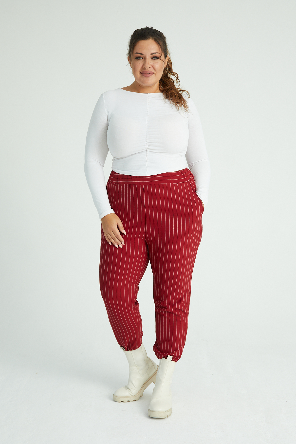 Women's Burgundy White Striped Stretchy Crepe Fabric Pants