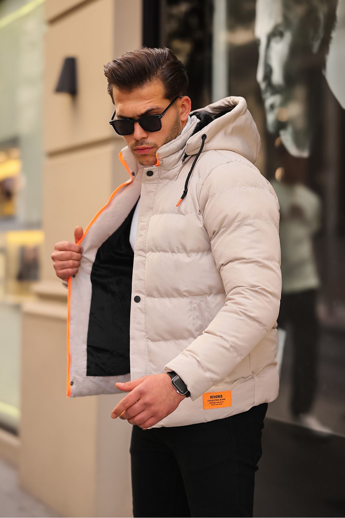 Black coat cheap orange inside