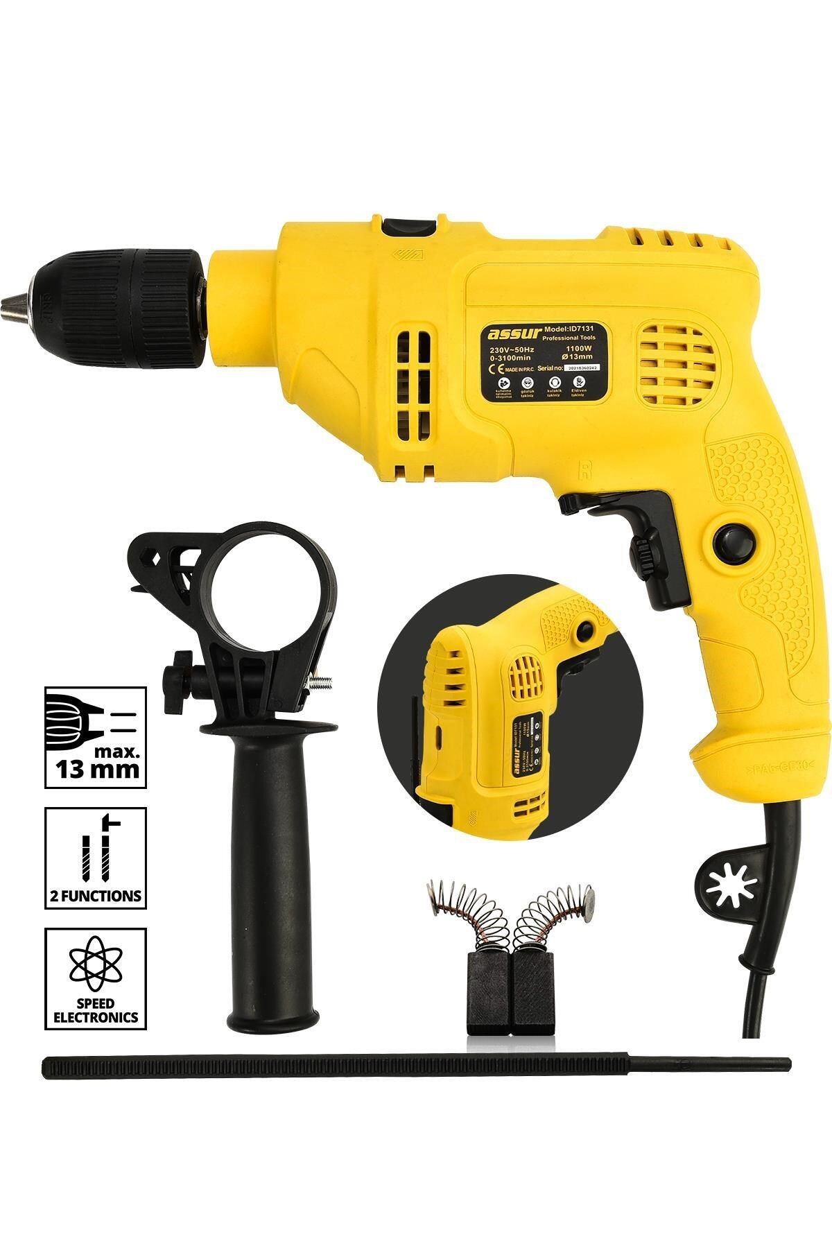 MOONSHOP Metal Şanzıman Elektrikli 1100 W 13 Mm Darbeli Matkap M005 Sarı