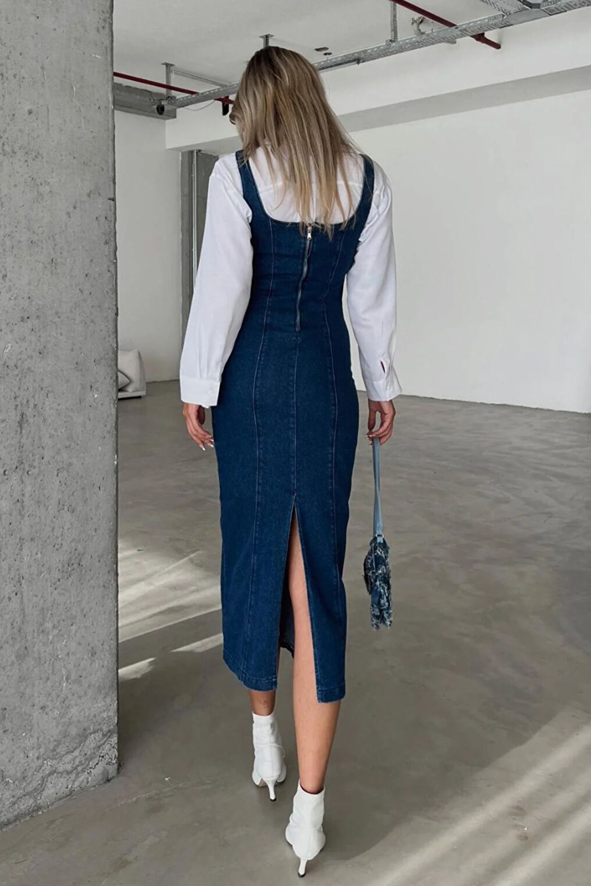 fehika Women s Back Zipper Slit Long Denim Dress Dark Blue Black