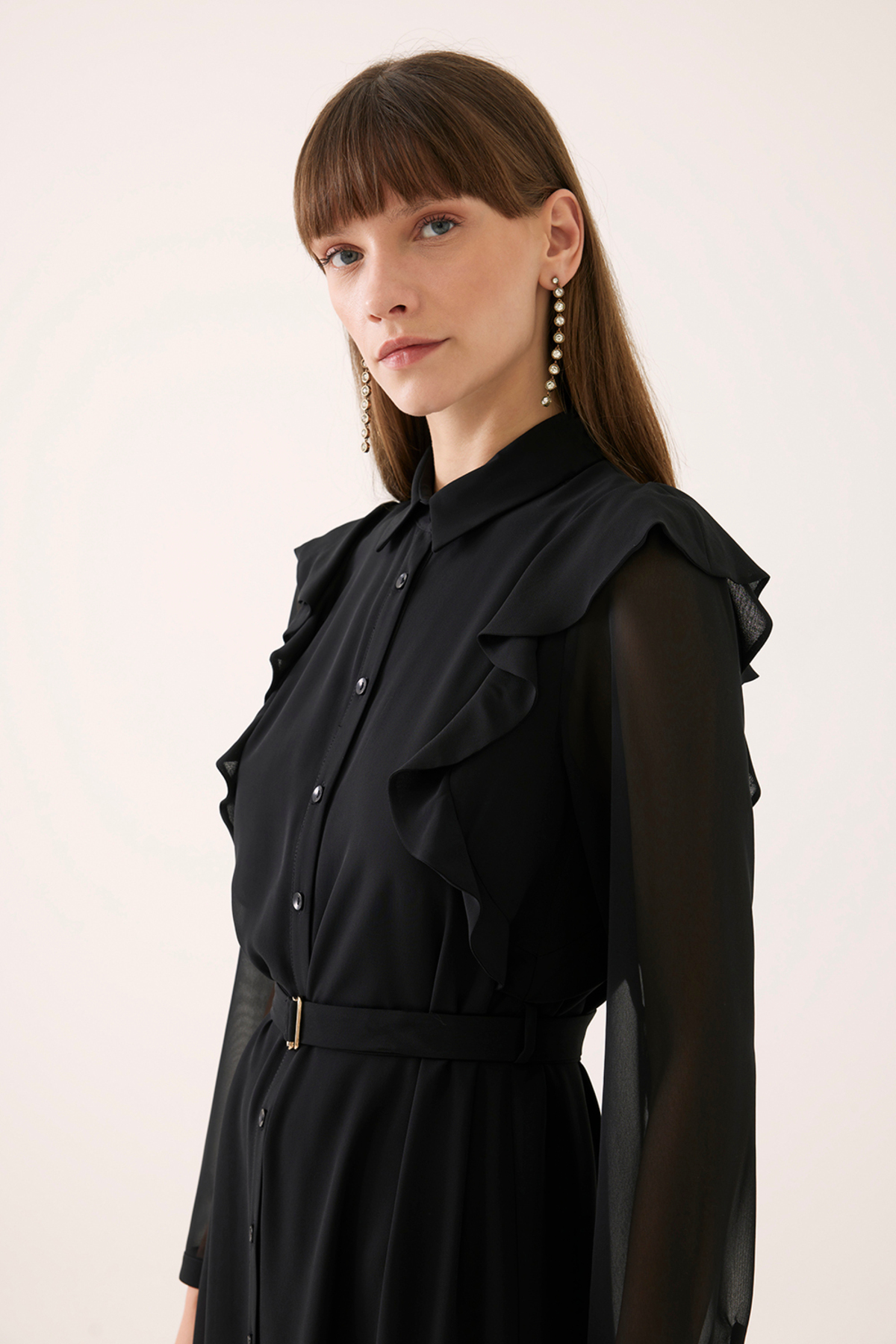 Perspective Dixie Regular Fit Uzun Boy Takma Kol Gömlek Yaka Siyah Renk