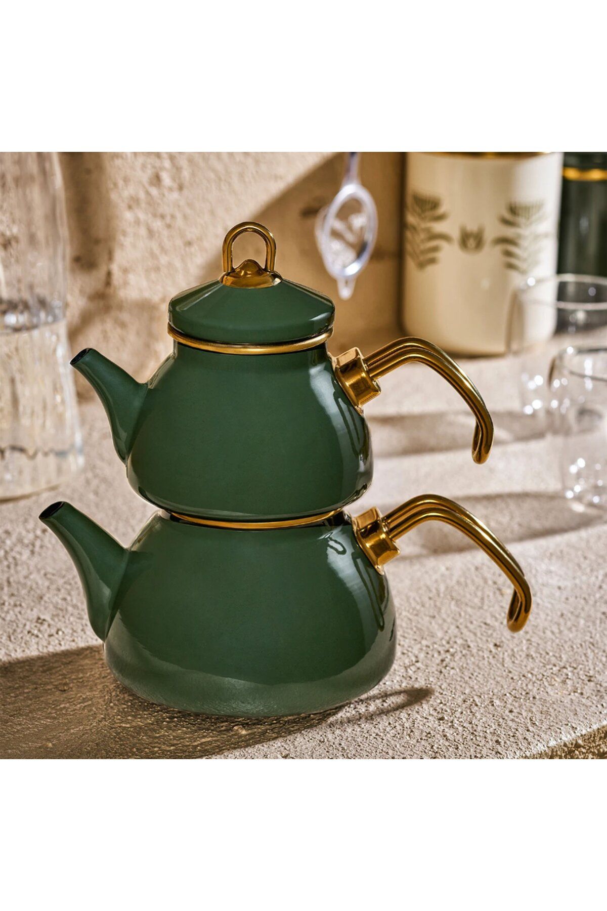 Emaye Artisan Emaye Mini Çaydanlık Takımı - Yeşil Yeşil