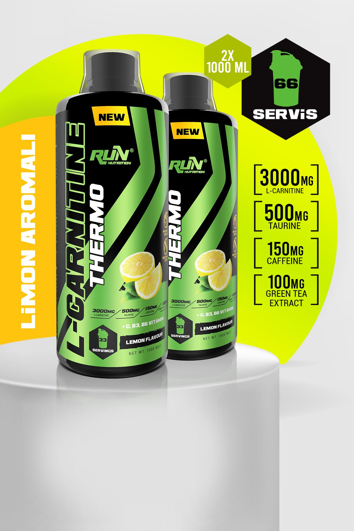 Run Nutrition L-carnitine x 2 ADET - 2Lt - Limon Aromalı - 3000mg - 66 Servis
