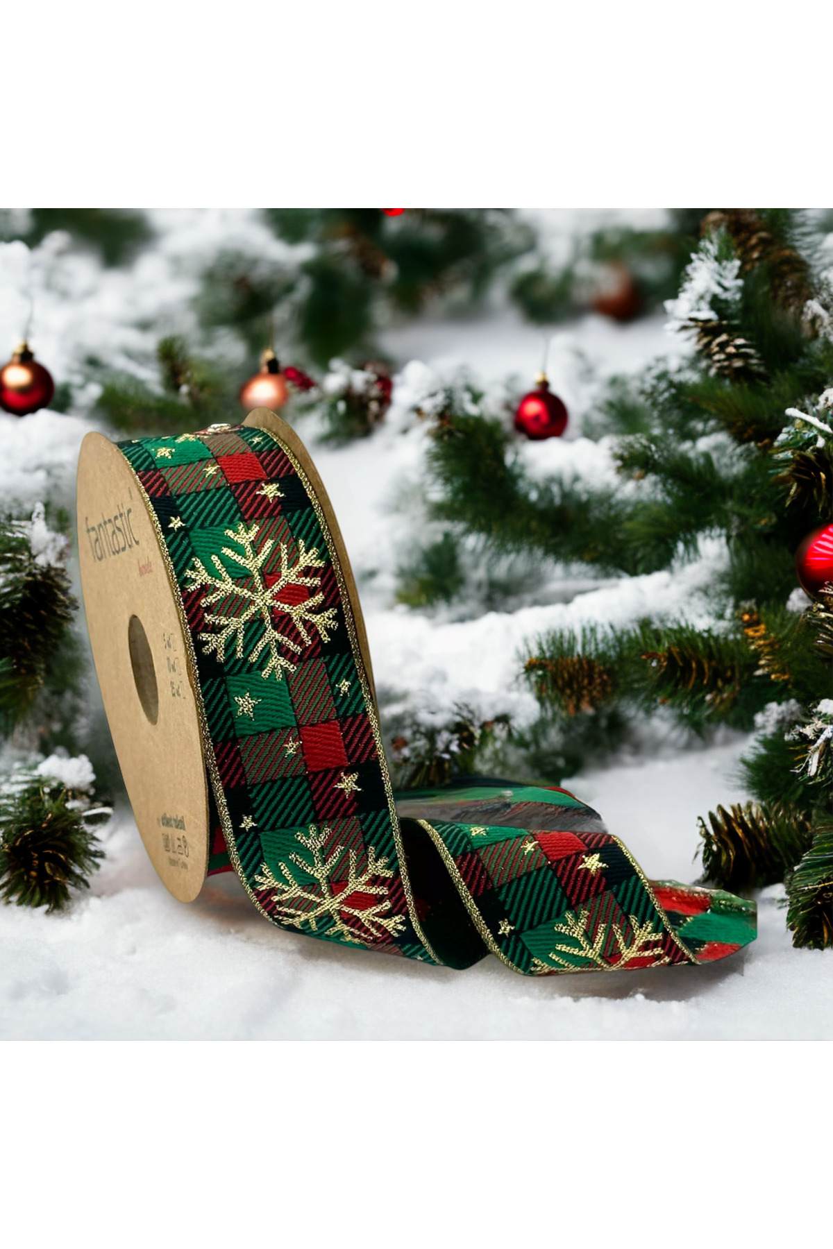 FANTASTIC KURDELE KAR TANESİ DESENLİ SİMLİ DOKUMA YILBAŞI KURDELESİ (35mm GENİŞLİK - 10mt UZUNLUK)