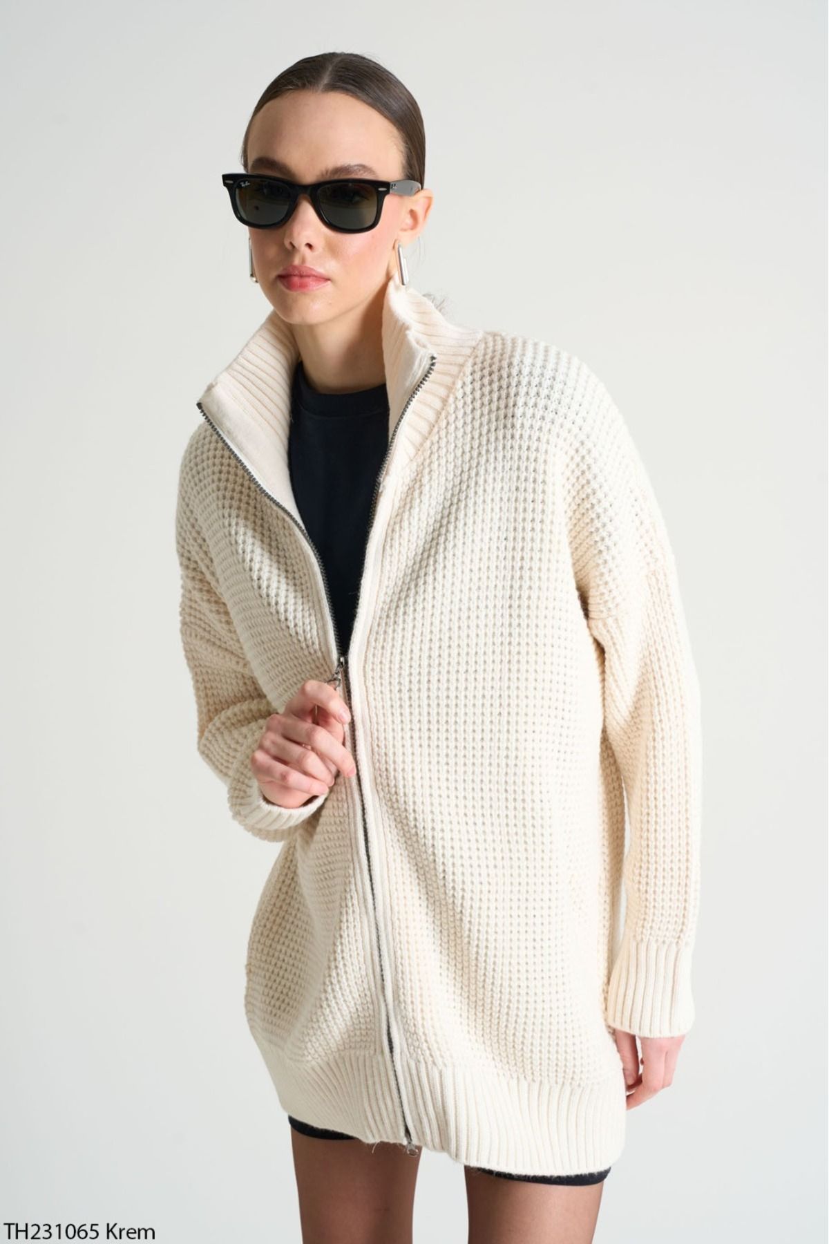Lupies-Cardigan lung tricotat supradimensionat, cu guler crem, cu fermoar 2