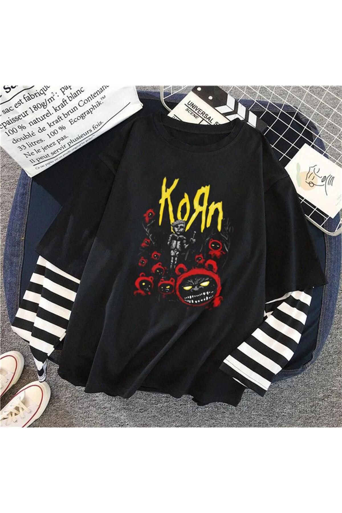 BUTICOR Korn Poster Printed Fake Sleeves Unisex Black T shirt
