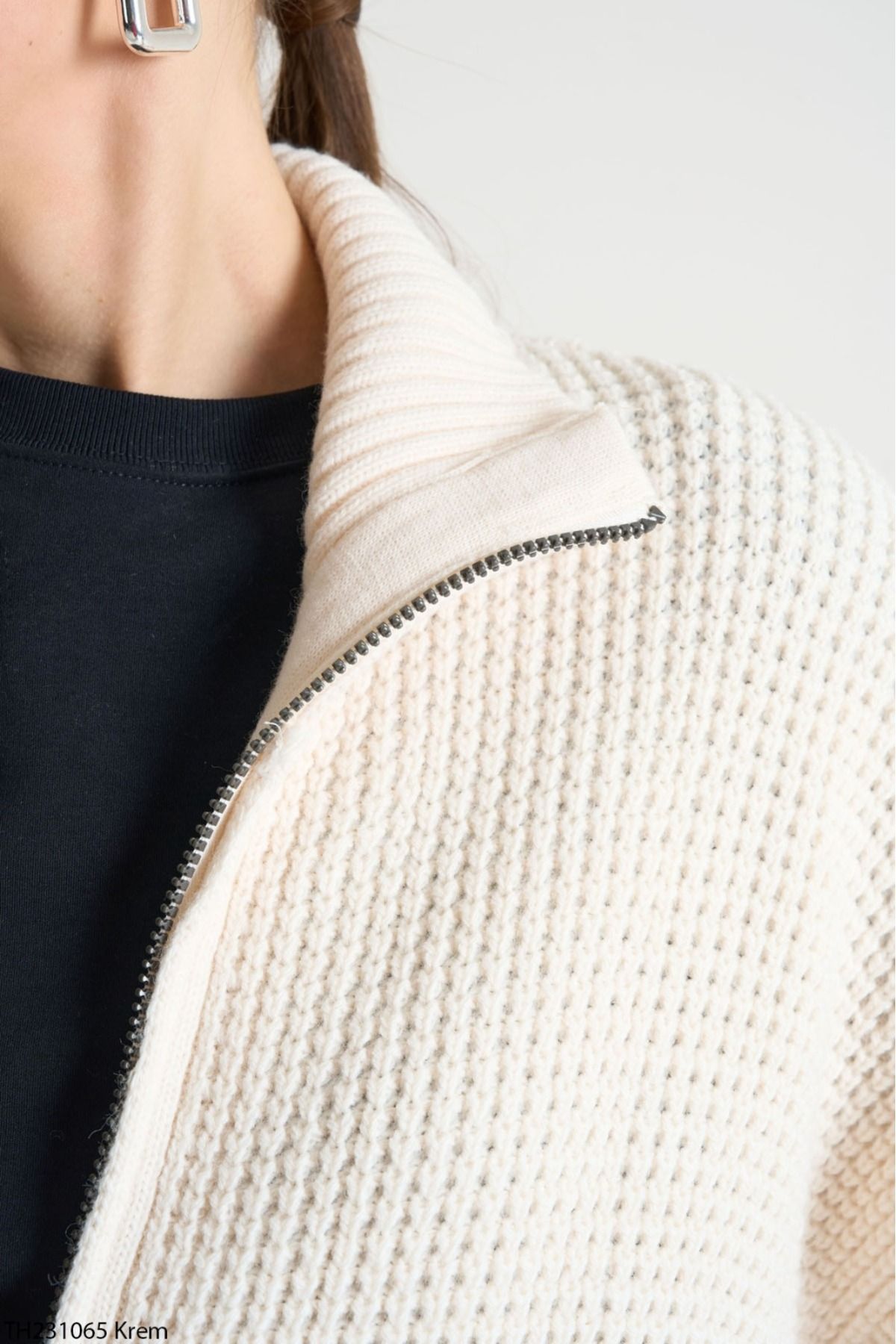Lupies-Cardigan lung tricotat supradimensionat, cu guler crem, cu fermoar 5
