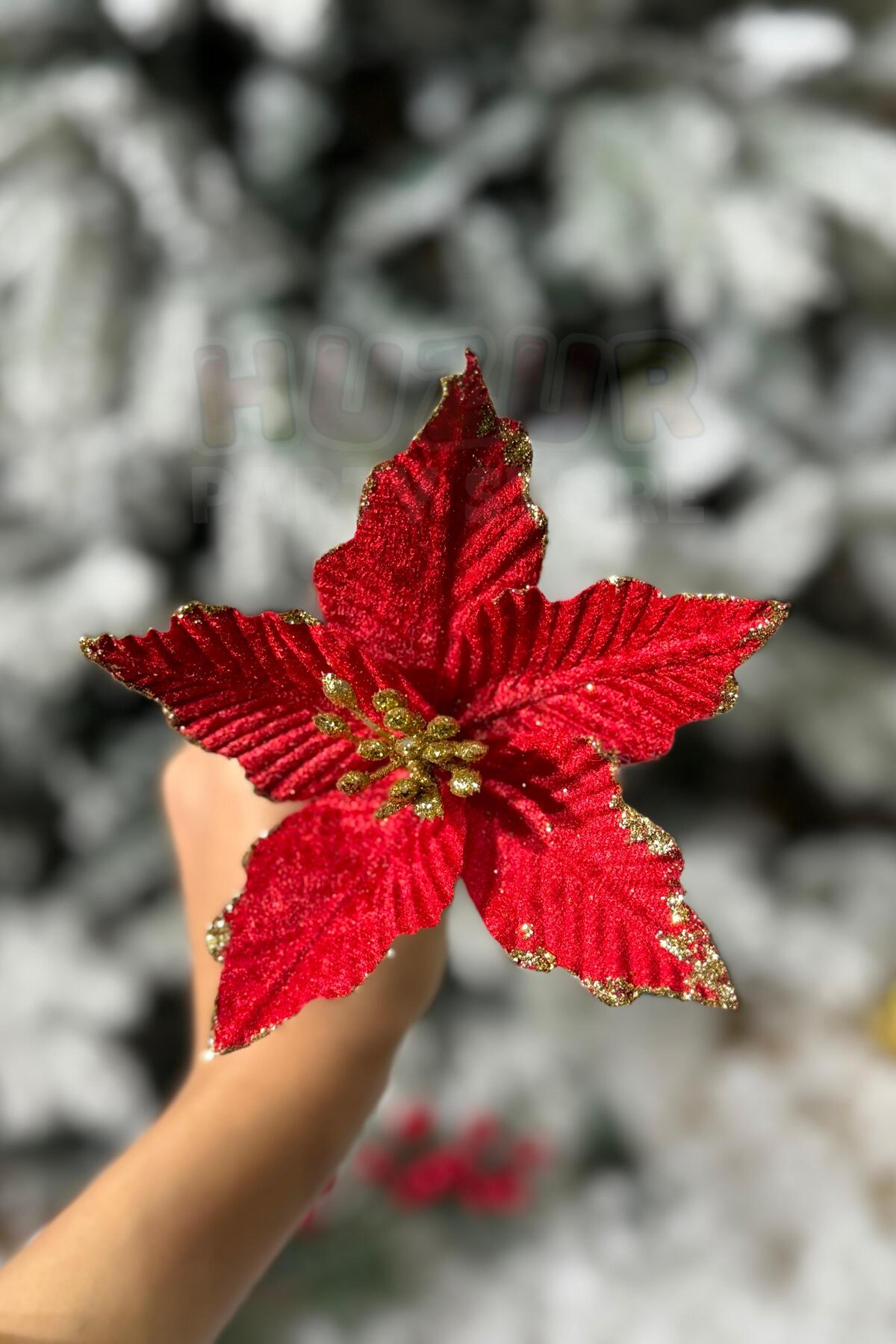 Huzur Party Store Kırmızı Ata Çiçeği 15 Cm Yapay Çiçek Yılbaşı Çam Ağacı Yeni Yıl Dekoru Tepecik Tohumları Gold Renk