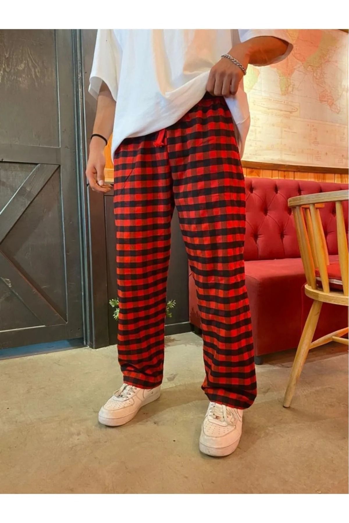 Violon Harajuku Plaid Red Square Patterned Unisex Pajama