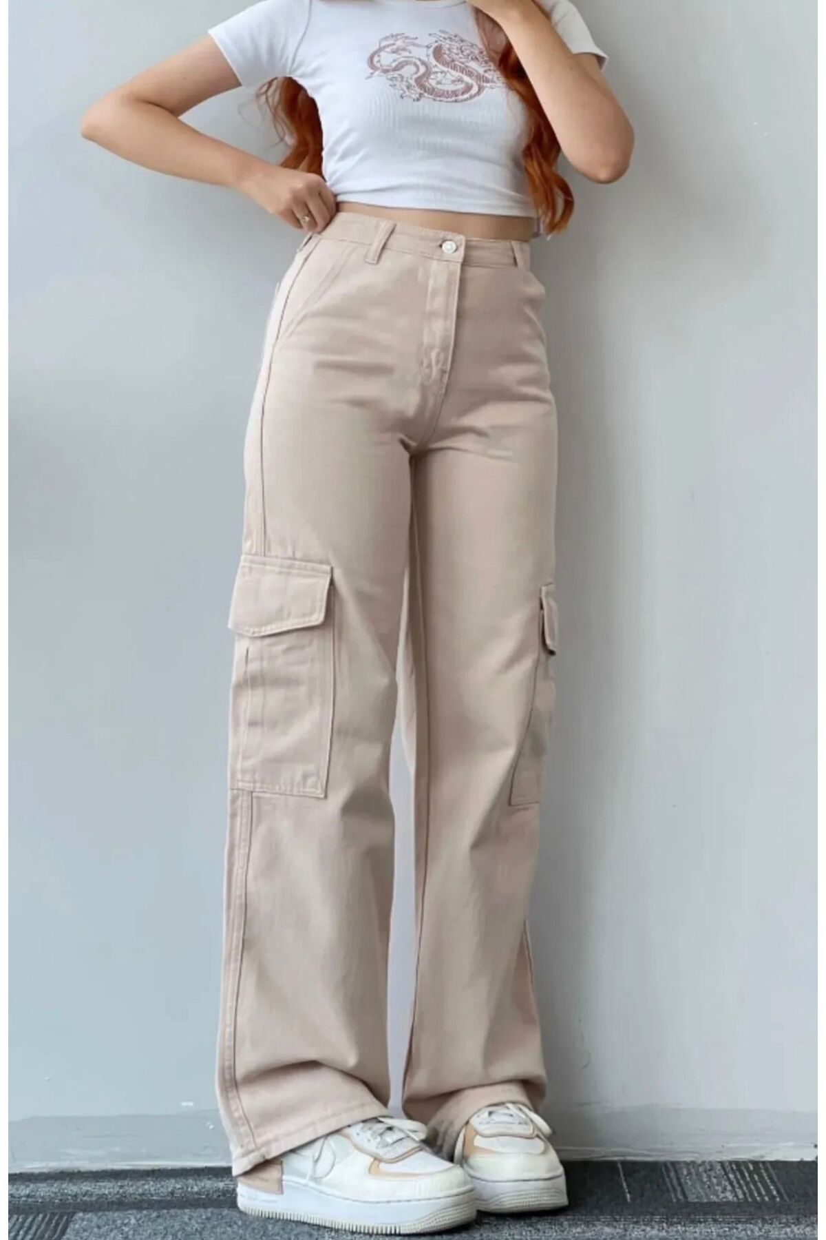 LAMİRAMOOD Beige Palazzo Trousers - Wide Leg, Super High Waist, Multi Pockets