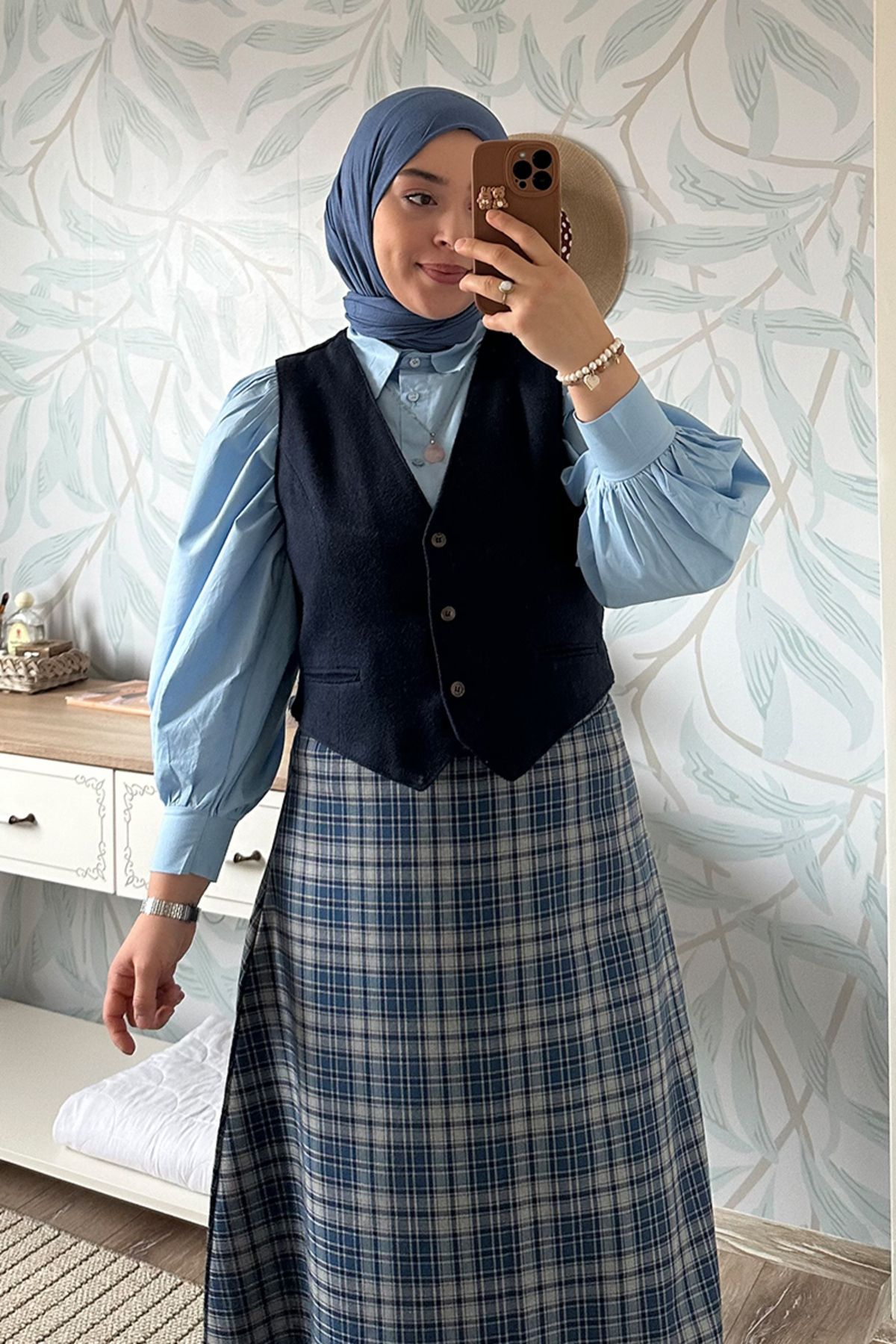 ceylan otantik Navy Blue Stash Vest Blue Plaid Skirt Set Trendyol