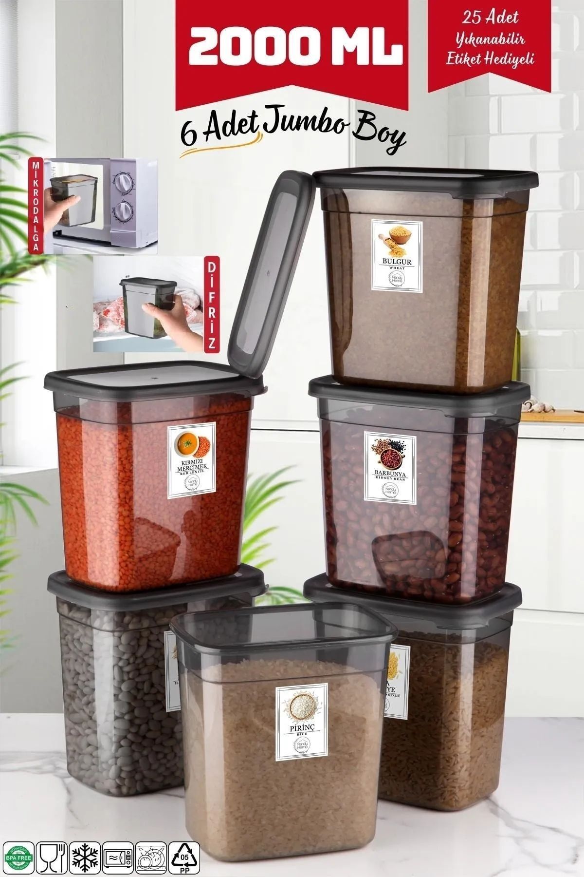 NY HOME-6 Pieces Jumbo Size - 2000 ml Anthracite Rectangular Storage Container 1