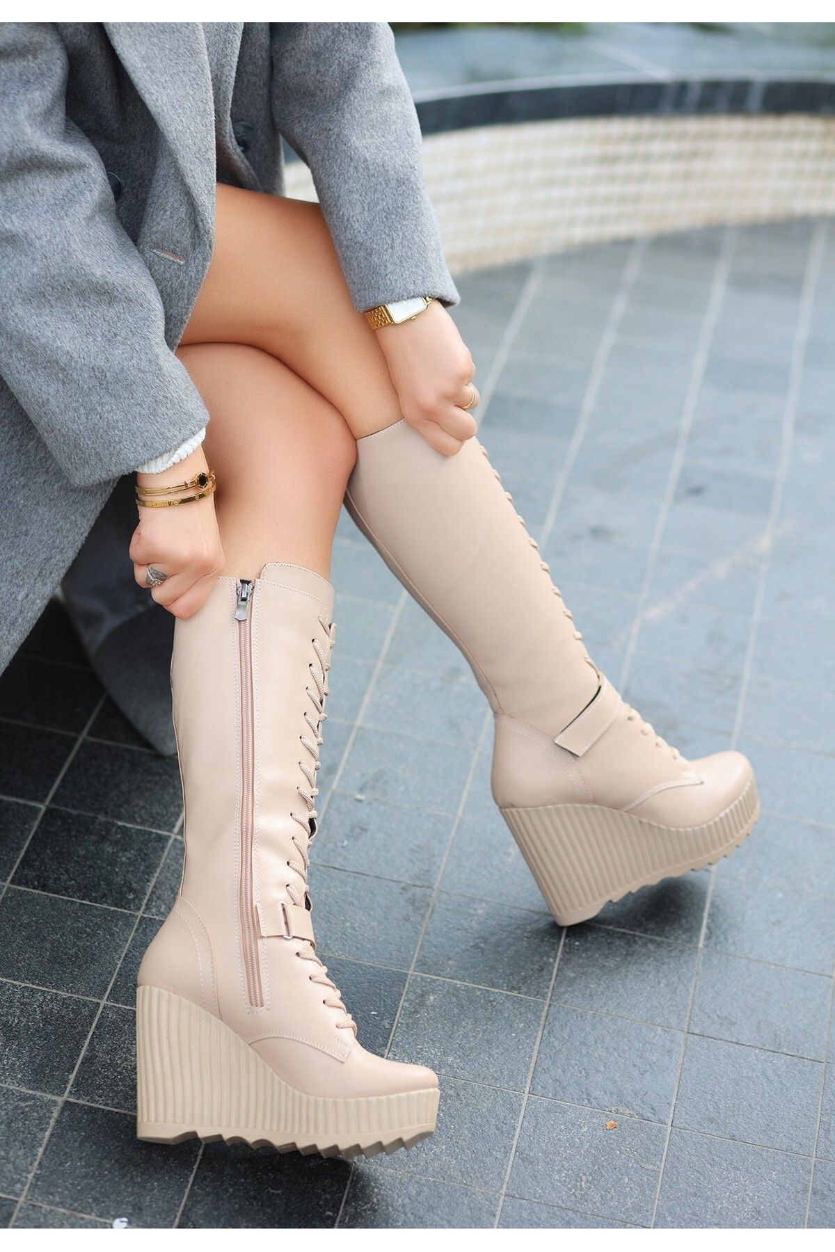 Tan wedge deals boots knee high